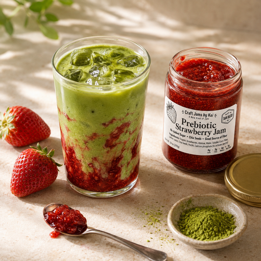 Strawberry Prebiotic Jam mixed into homemade strawberry matcha