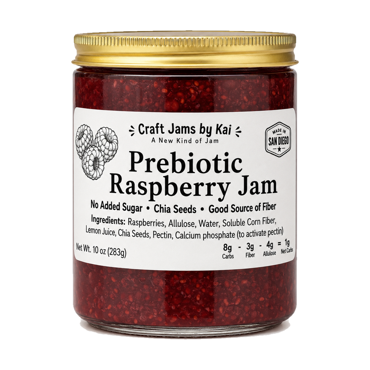 A 10 oz glass jar of Craft Jams by Kai Prebiotic Raspberry Jam with a gold metal lid and a white label, shown on a plain white background.