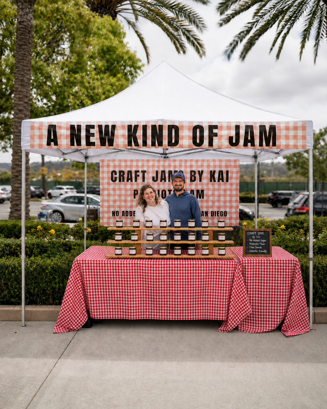 Farmers Market Booth for Craft Jams by Kai. Large banner overhead reading "A NEW KIND OF JAM".